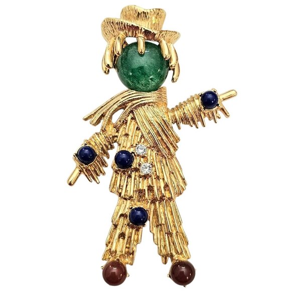 JBK Jackie Kennedy Scarecrow Brooch Green Glass Cab Face Red Blue Cab Pin Signed - Picture 1 of 11